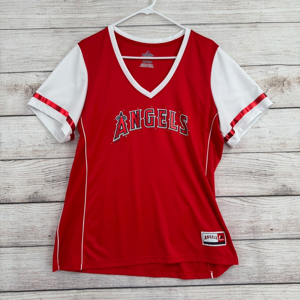 Majestic Angels‎ Jersey Women XXL Red Short Sleeve V-Neck Rhinestone Graphic